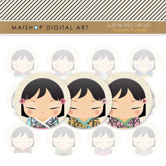 2.25' Digital Collage Sheet Circles - Japanese Kokeshi Dolls Portrait