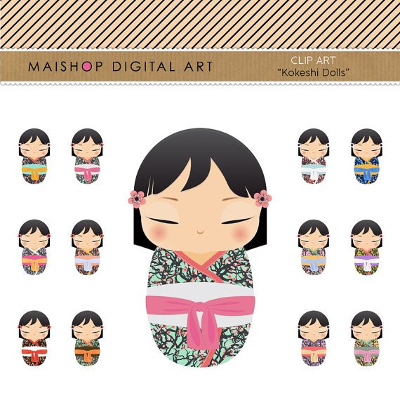 Clip Art Kokeshi Dolls Collage Sheet Cute Japanese Dolls for CraftsCardsDesignPrintsNotebooks