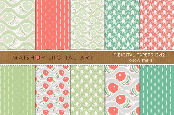 Digital Paper - Follow me II - Grn, Red, Wh able Patterned Papers for Cards