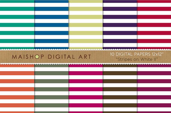 Digital Paper-Stripes on Wh II-GrnBluPistachioPurpRed,OrgGrnMagenta,Brw