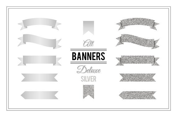 Banner Clip Art-Silver Glitter PNG Banners Digital for Web DesignScrapbook
