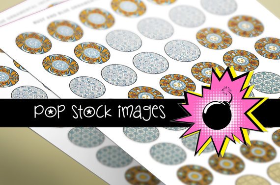 1 Inch CIRCLES Blue Rust Ornamental Collage Sheet-print for PendantsMagnets