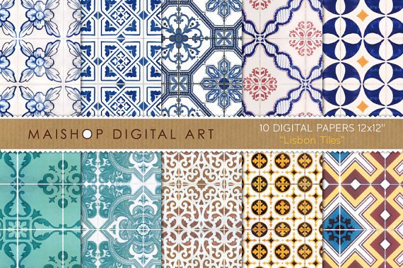 Digital Paper - Lisbon Tiles - print Digital Sheets Portuguese Tiles Azulejosing