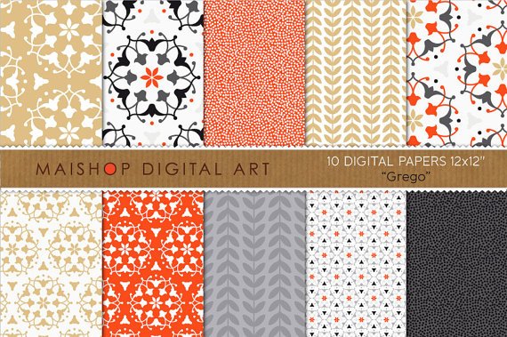 Digital Paper-Grego-Black,Gold,Red,Wh ,Gray Floral Ornament,Laurel Leaves,Scrapbook,Invitations