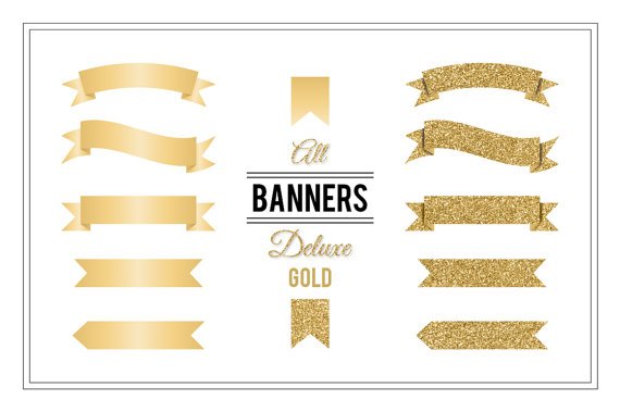 Ribbon Banners Deluxe Gold-Clip Art-Golden Glitter Digital Banners for CardsScrapbookingWeb