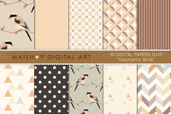 Digital Paper-Geometric Birds-BeigeCream,OrgGrnChevronTrianglesStripess
