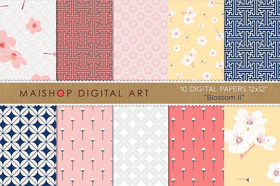 Digital Paper 'Blossom II' FloralGeometricChinese Digital Img.CardsGift Tags