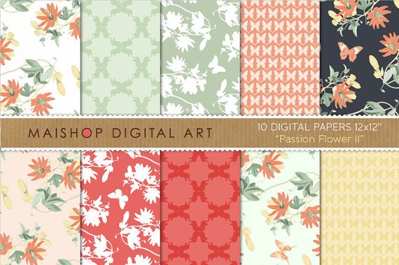 Digital Paper-Passion Flower II-PassifloraButterfliesGeometric Papersfor CardsCraftsScrapbook