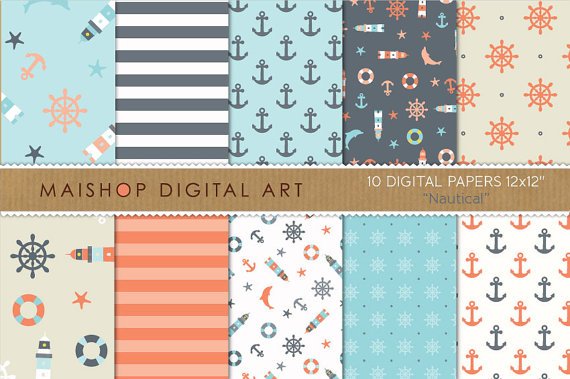 Digital Paper-Nautical-StripesAnchorsLighthouses,Digital for PrintsCardsScrapbookCollages