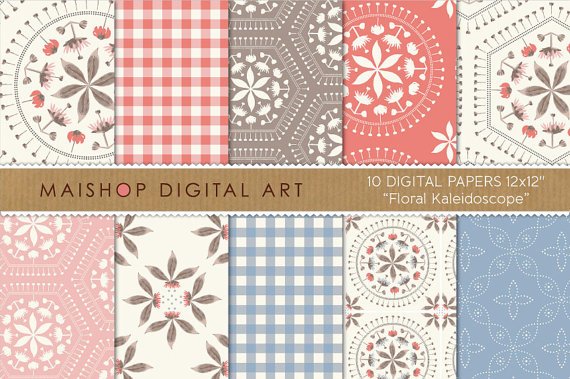 Digital Paper-Floral Kaleidoscope-Coral,Blue,Pink ,Brw papers for W Art,Scrapbook