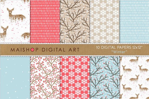 Red,Blue ,Brw Digital Paper 'Winter' print Art,Deers,Flowers,Snowflakes,for Scrapbook,Design