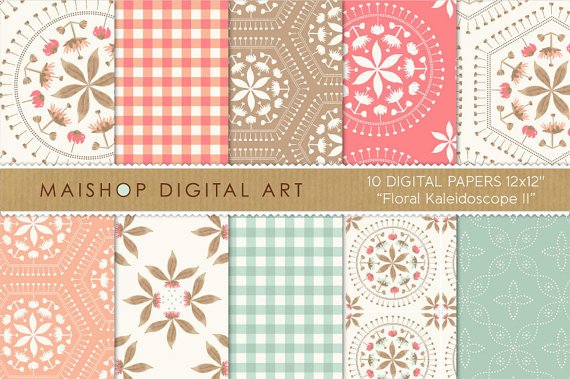 Digital Paper-Floral Kaleidoscope II-Coral,Iceberg Grn,M,ys Pink,Pale Taupe,papers for Prints