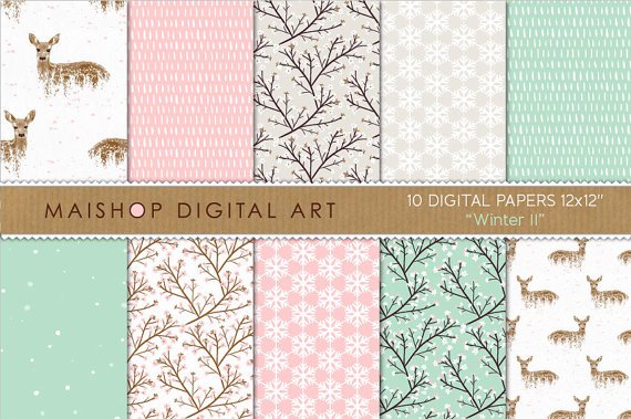 PinkGeen Beige Digital Paper-Winter II-DeersBlossomsSnowflakes PatternsCards