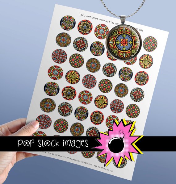 1 Inch CIRCLES Red Blue Geometric Collage Sheet-print for PendantsMagnets