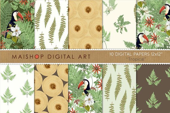 Digital Paper-Tropical-Ferns, Toucans, Wood,, Gift Wrapping, Crafts, Card Design