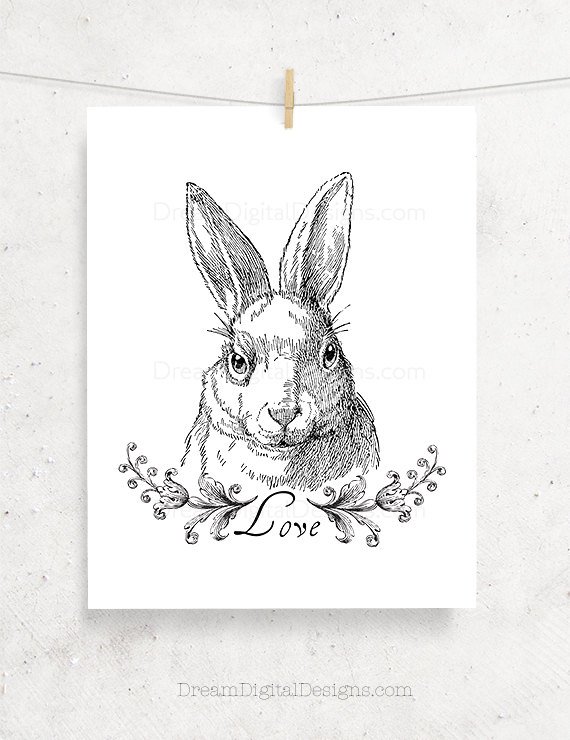 Bunny Love Printable Art, Nursery Art, Black & White, Rabbit Illustration