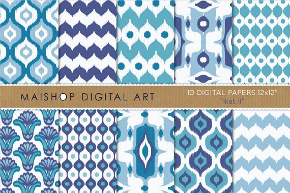 Digital Paper-Ikat II-Blue ,Wh Patterns print Digital Sheets for Invitations,Scrapbooking