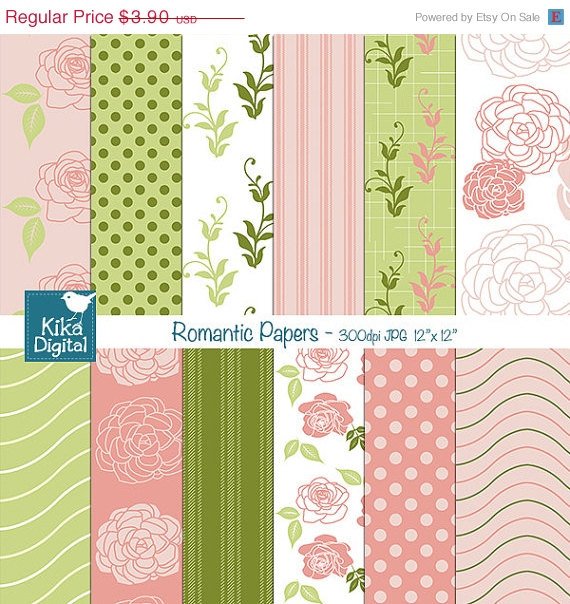 Pink , Grn Digital Papers, Romantic Scrapbooking Papers - card design