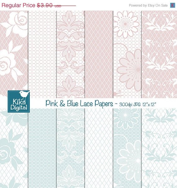 Pastel Pink Blue Lace Digital PapersLight Pink Blue Digital Scrapbooking Papers