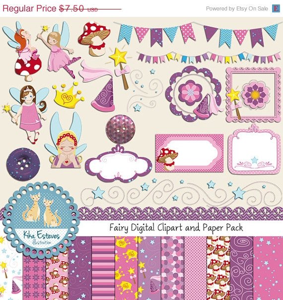 Fairy Digital Clipart , Paper Pack - Scrapbooking , card design, stickers