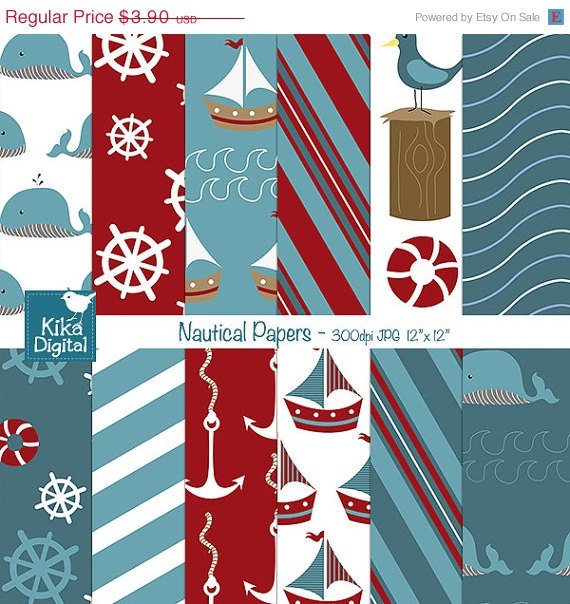 Nautical Digital Papers - Digital Scrapbooking Papers - card design, background