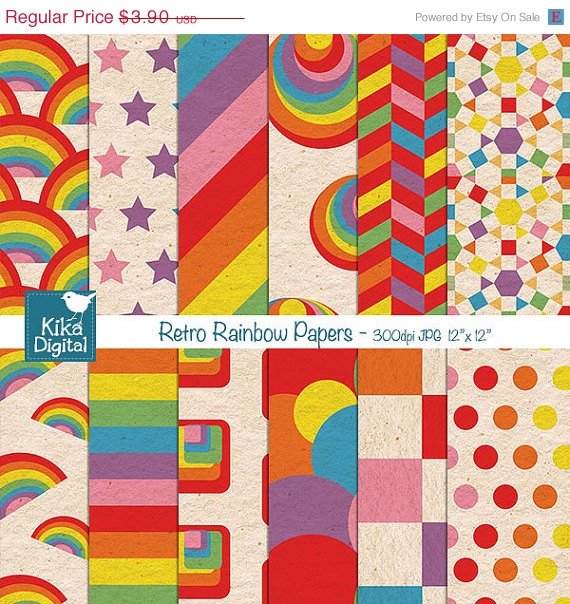 Retro Rainbow Digital Papers - Rainbow Scrapbooking Papers - card design