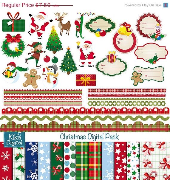 Christmas Digital Clipart , Paper Combo - Scrapbook , card design, stickers
