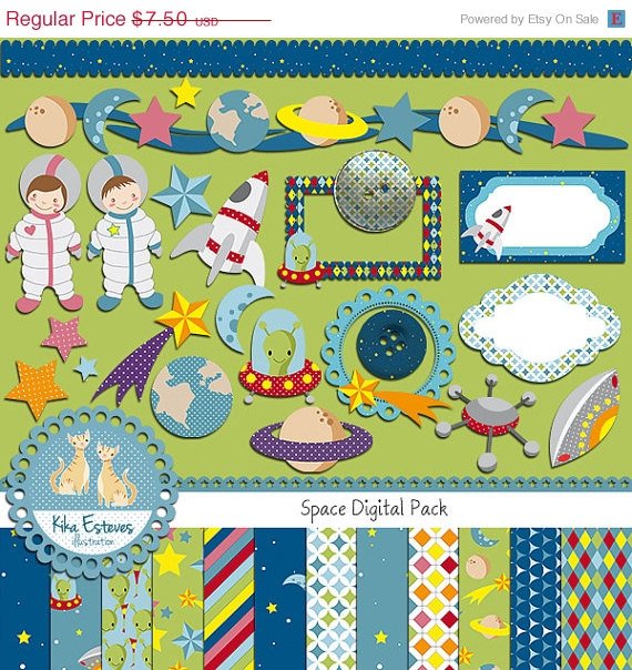 Space Digital Clipart , Paper Combo - Scrapbooking , card design, stickersA