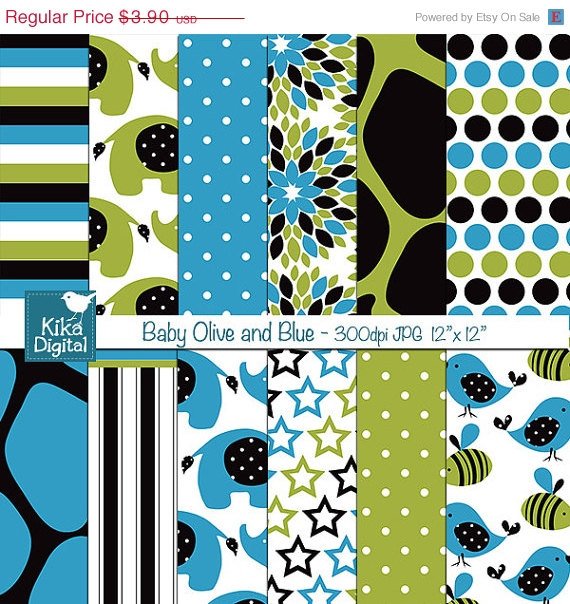 Baby Olive , Blue Digital Papers - Scrapbooking, card design, background