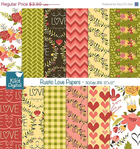 Rustic Wedding Digital Papers, Valentines Digital Papers - wedding, card design