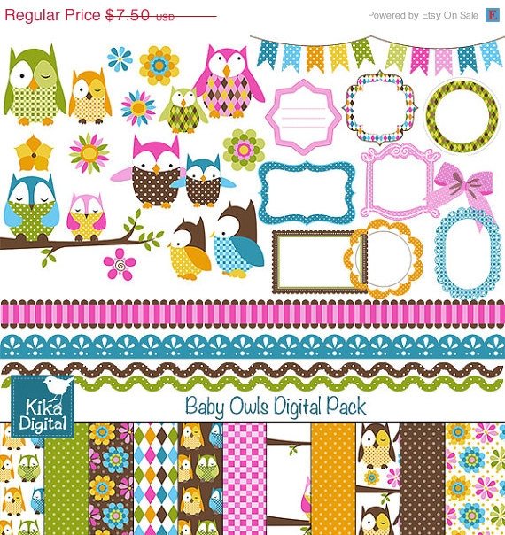 Baby Owl Digital Clipart , Paper Pack - Scrapbooking , card design, stickers