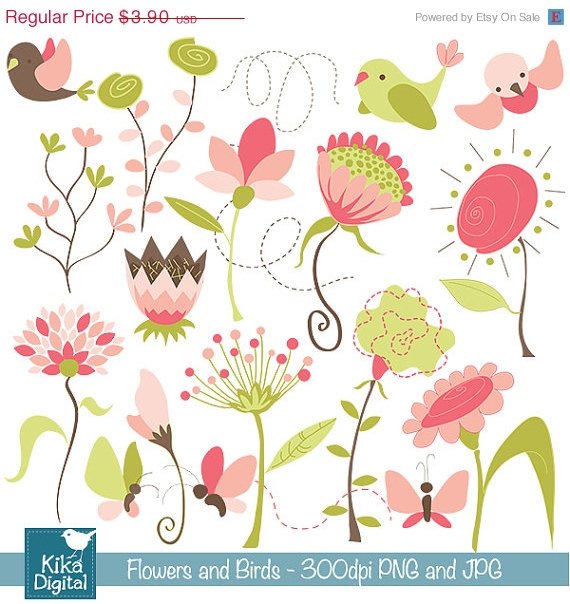Flowers , Birds Digital Clipart - Scrapbooking , card design, photo booth