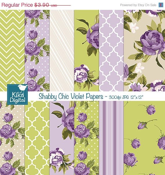 Shabby Chic Violet Digital Papers - Scrapbook, card design, background