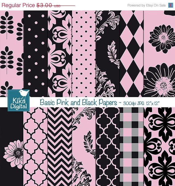 Pink , Black Digital Papers - Digital Scrapbook Papers - card design, background