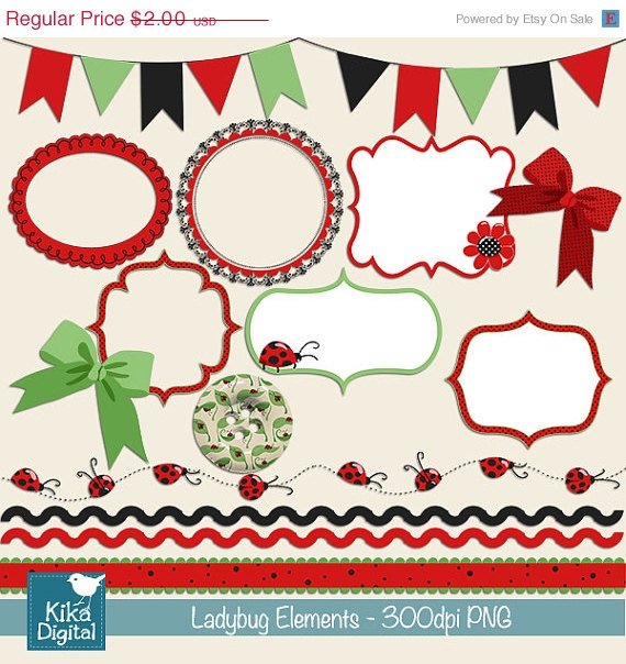 Little Ladybug Elements Digital Clipart-Scrapbooking card designpinkframesbordes