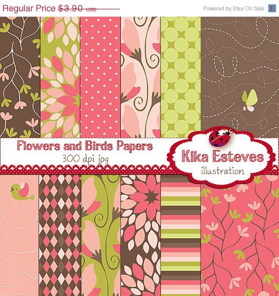 Birds , Flowers Digital Papers - Scrapbooking Papers - card design, invitations