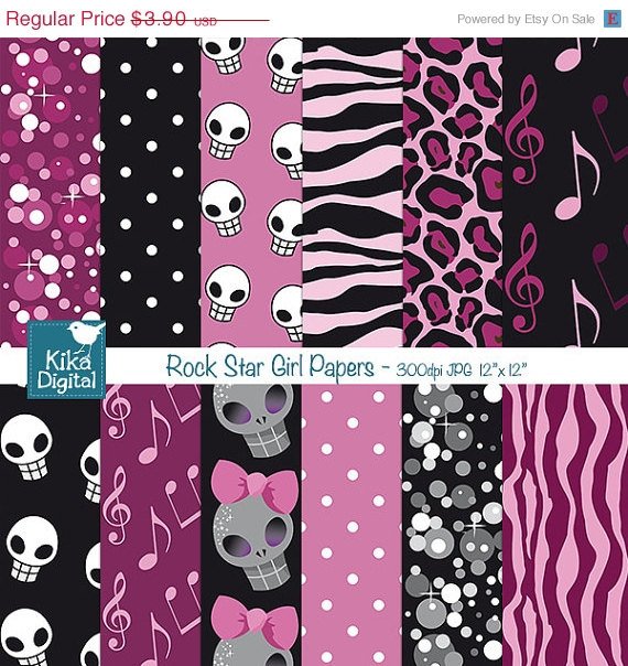 Rock Star Girl Digital Papers- Pink , Black Digital Scrapbooking- card design O