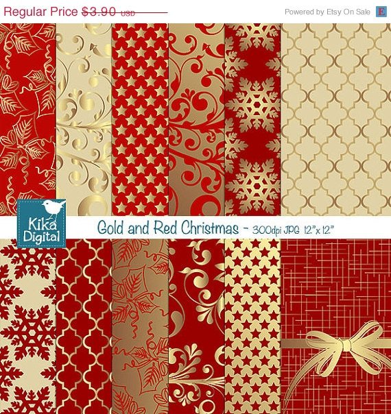 Gold , Red Christmas Digital Papers - Scrapbooking Papers - card design