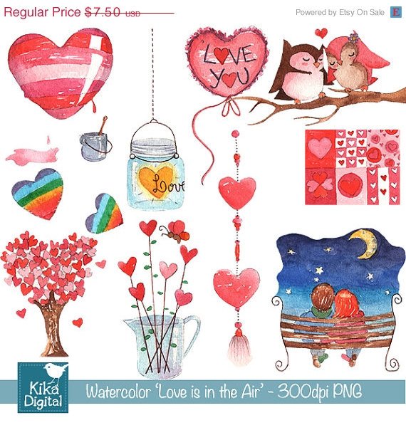 H, Painted Watercolor Love is in the Air Clipart - card design, stickers