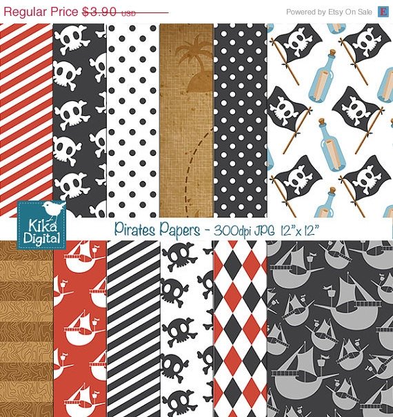 Pirates Digital Papers - Scrapbooking, card design, stickers, background