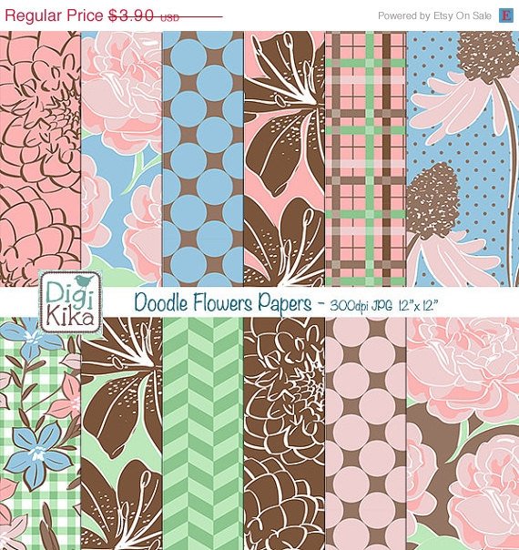 Doodle Flowers Digital Papers - Floral Scrapbook Papers - card design