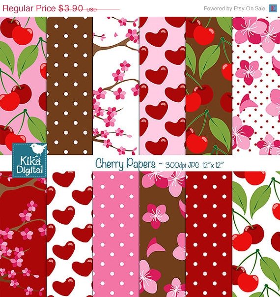 Cherry Digital Papers - Red , Pink Digital Scrapbooking Papers - card design