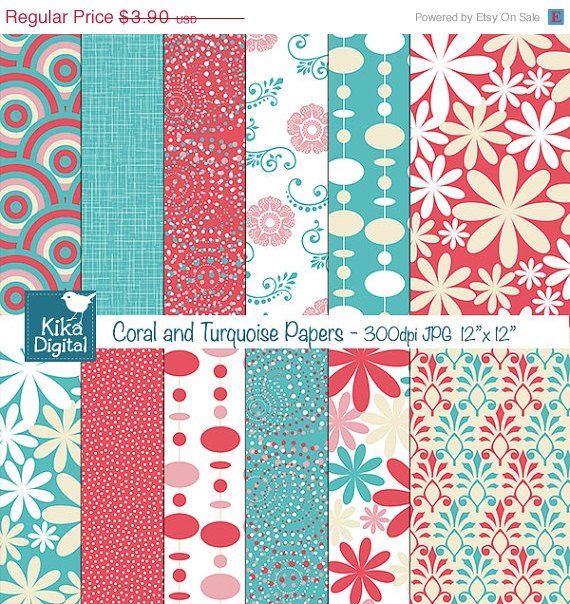 Coral , Turquoise Digital Papers - Scrapbook, card design, background