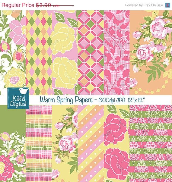 Warm Spring Digital Papers - Digital Scrapbook Papers card design, stickers