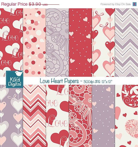 Valentines Hearts Digital PapersValentines PapersLove Digital Scrapbook Paper in Red Purple