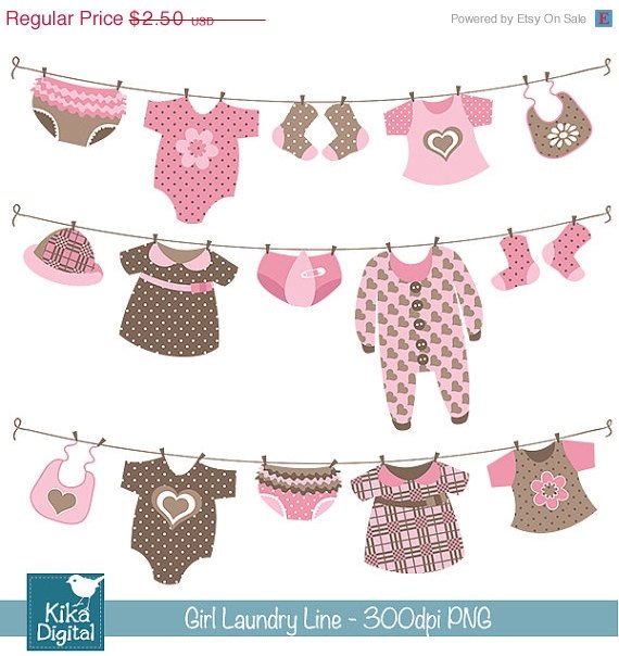 Girl Laundry Line Digital Clipart - Scrapbooking , card design, stickers