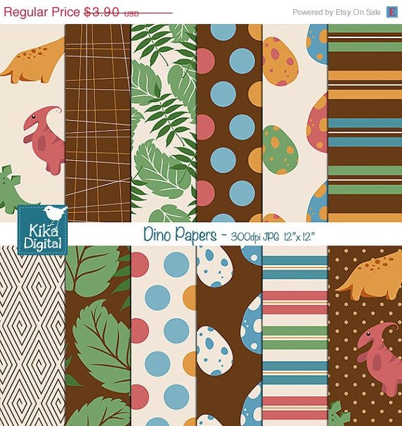 Dinosaur Digital Papers - Dino Scrapbooking Papers - card design, stickers