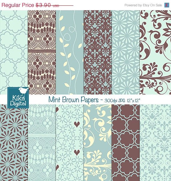 Mint , Brown Digital Papers - Mint Wedding Papers - Scrapbooking, card design