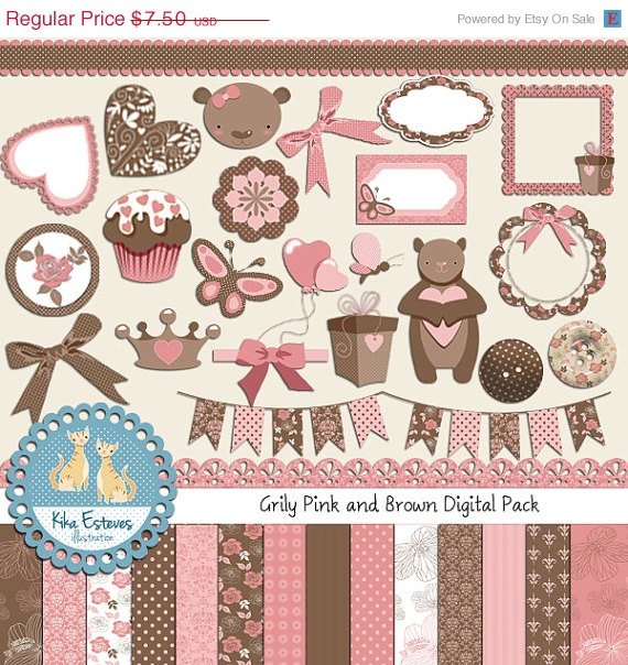 Pink , Brown Teddy Digital Clip art , Paper Bundle - Scrapbooking , card design