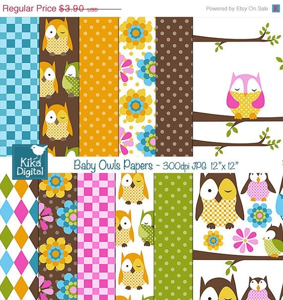 Baby Owl Papers - Digital Scrapbook Papers - card design, invitations, stickers